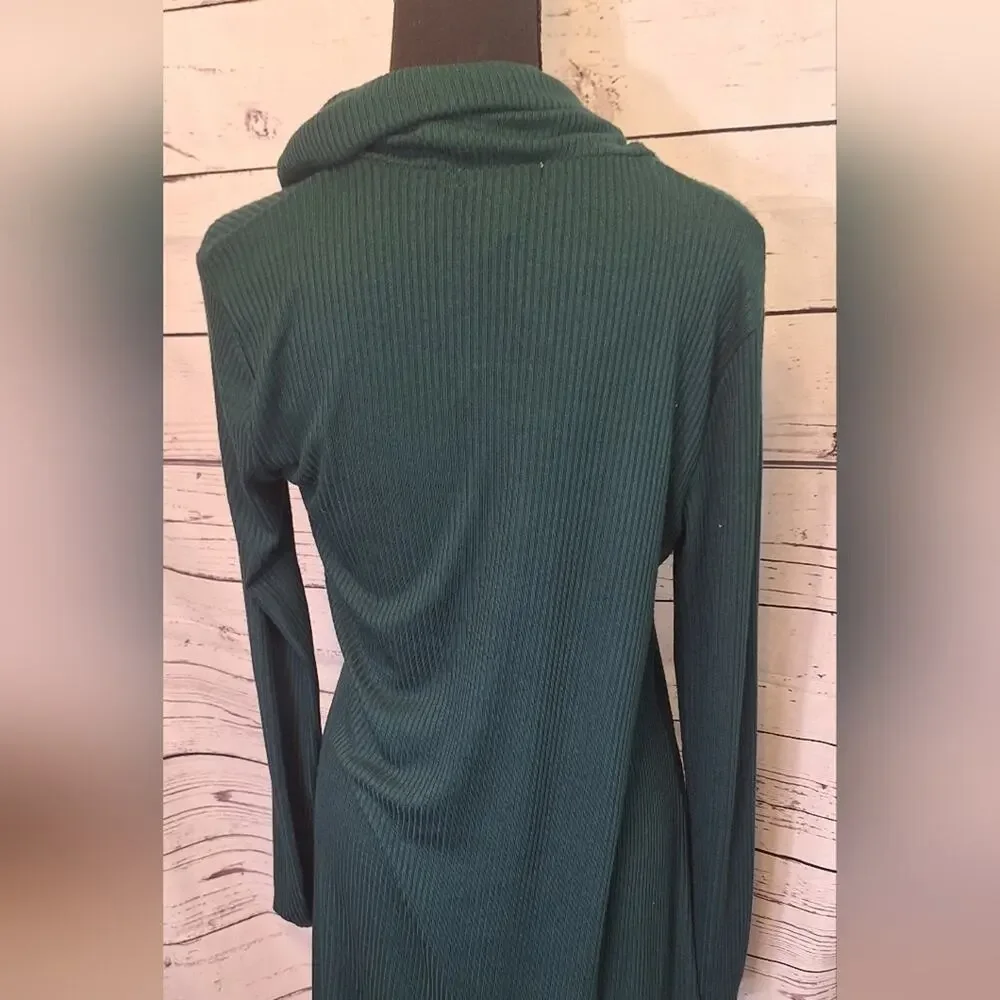 NWT Nine Britton Ribbed Cowl Neck Dark Green Sweater Dress sz.L  #1469
